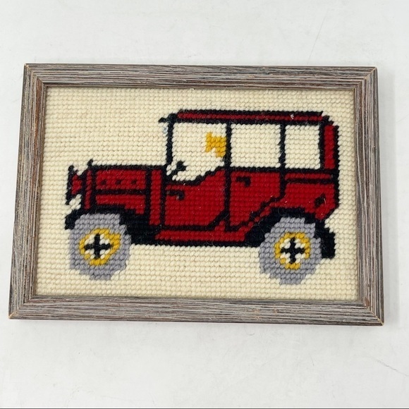 Finished Framed Needlepoint Crewel Old Fashioned Car Model T Red Ivory - Picture 1 of 7